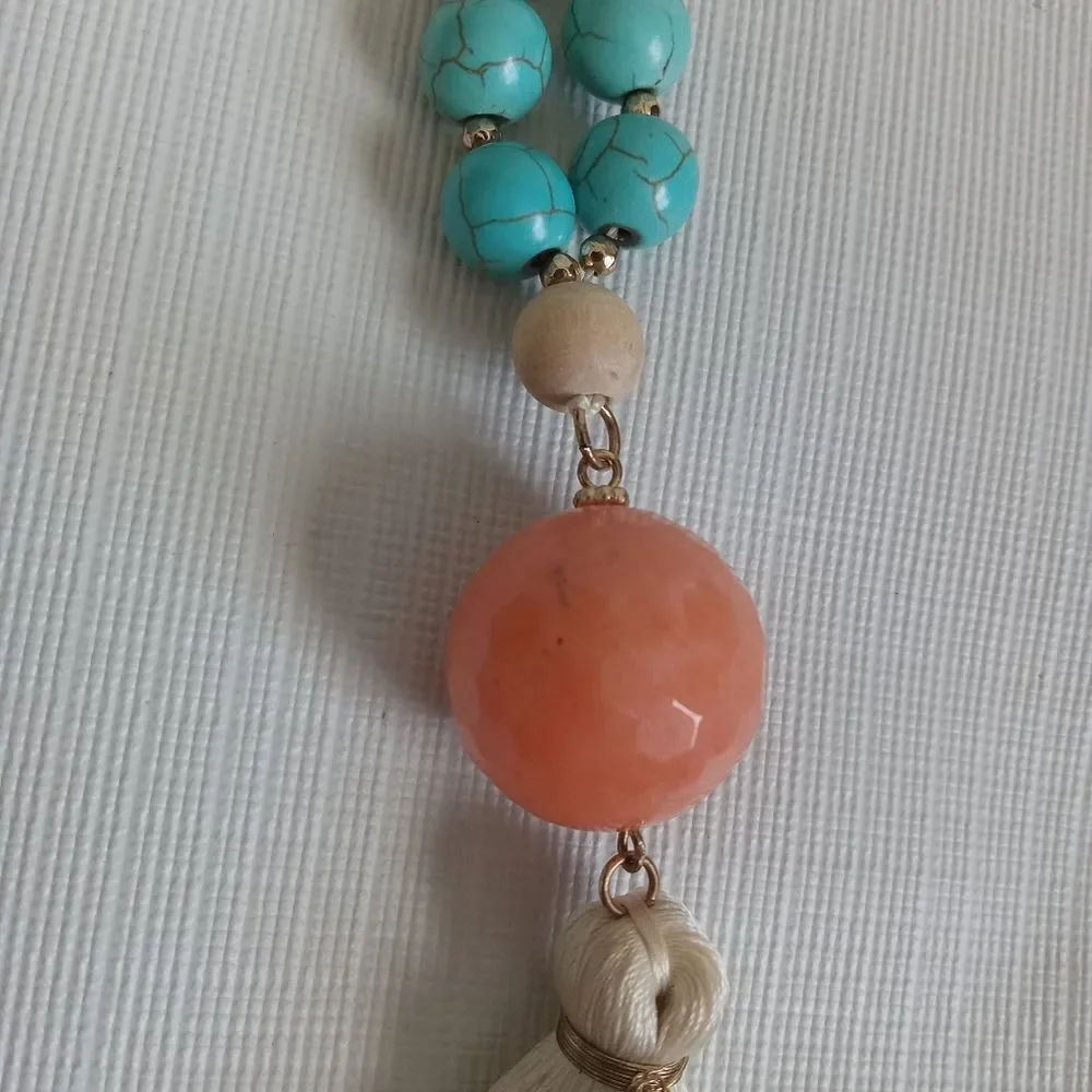 Colorful Wood & Plastic Beaded Round Faceted Pendant Bohemian Tassel Necklace